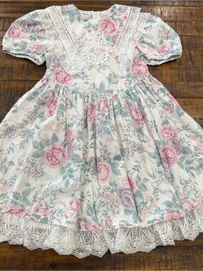 Gunne Sax Pink and Cream Floral Lace-Trim Dress
